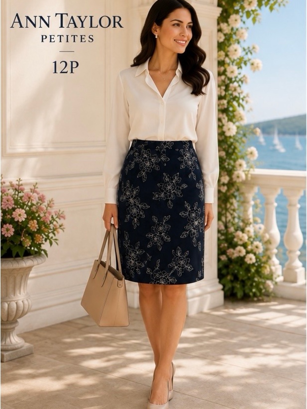 Ann Taylor Petites 12P Navy Embroidered Floral Silk Blend A-Line Skirt